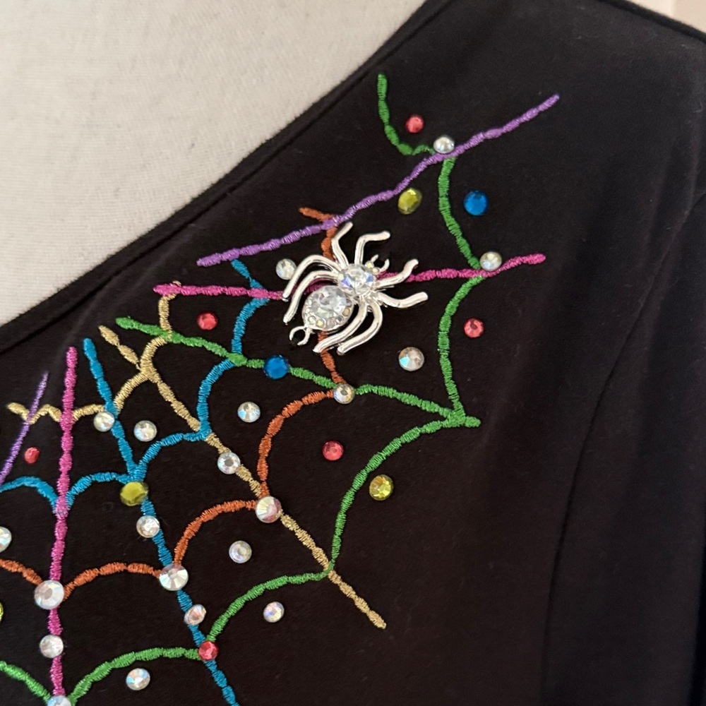 Quacker Factory Halloween Spider Web Top Black Embellished L Rhinestone Bling - Picture 3 of 8